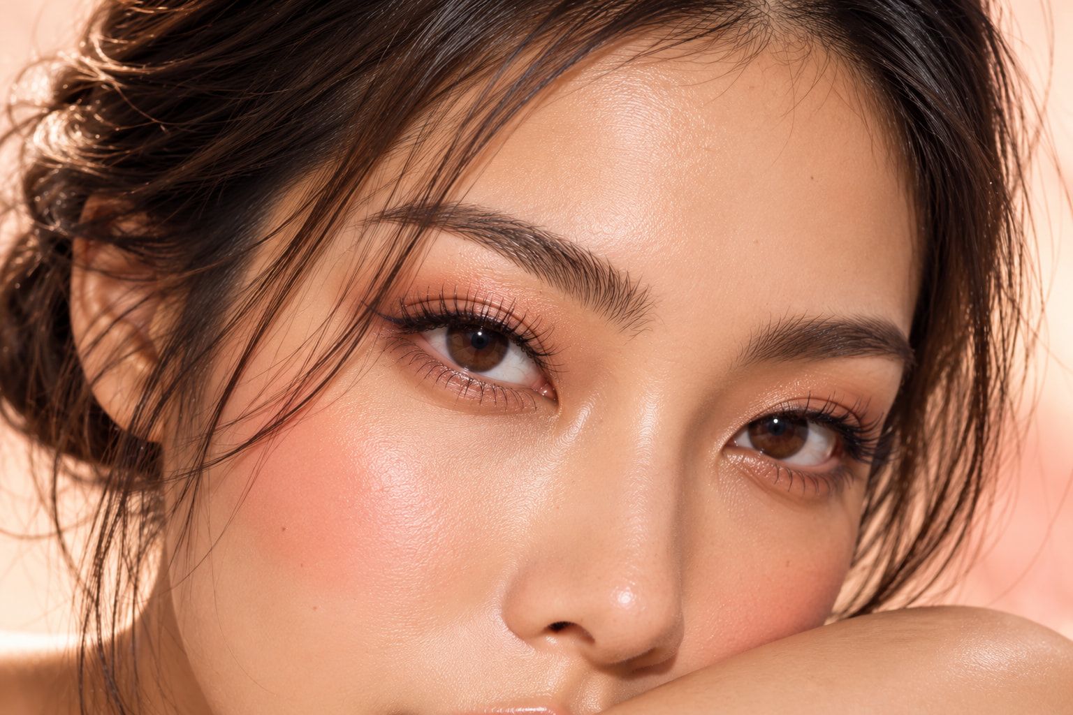 Close-up of softly defined brows above warm brown eyes.