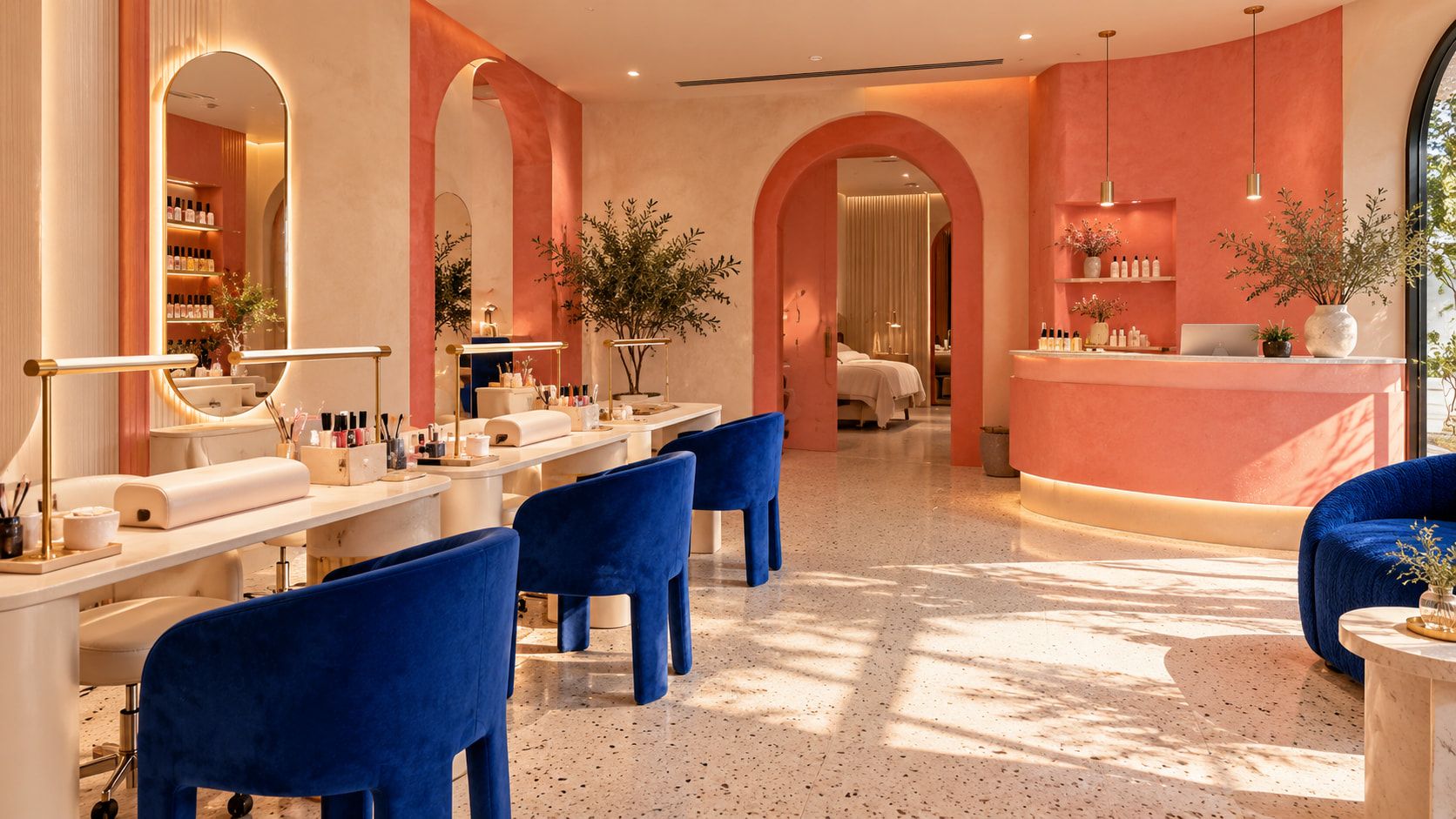 The MIMO studio floor: coral arches, a row of cobalt velvet chairs and a curved coral reception desk.