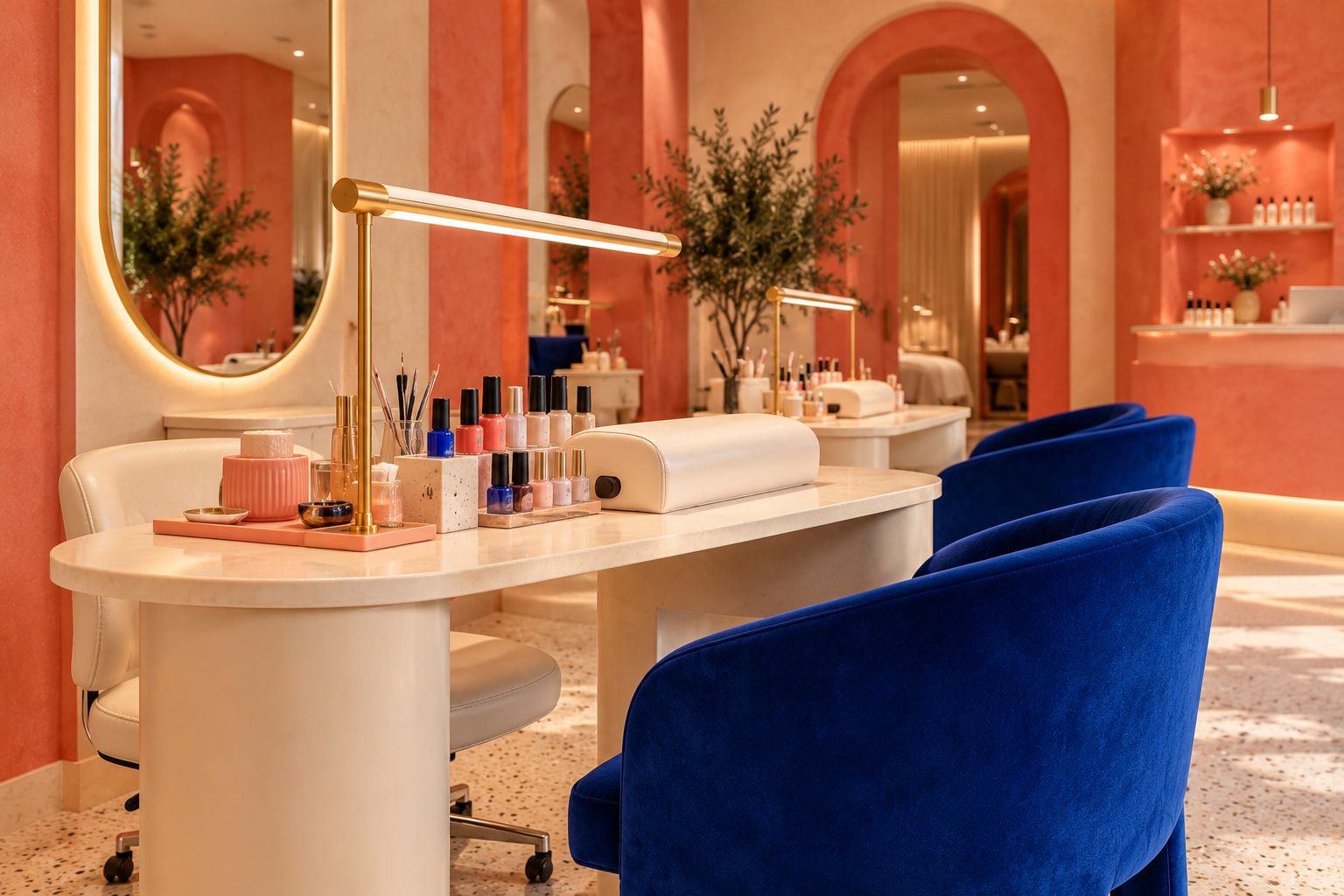 A MIMO manicure station: a cream table with a gold lamp and polish display, cobalt velvet chairs, coral walls and arched mirrors.
