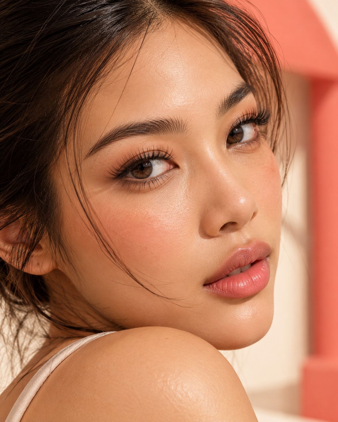 Portrait with brushed-up, laminated brows and curled lashes against a coral wall.