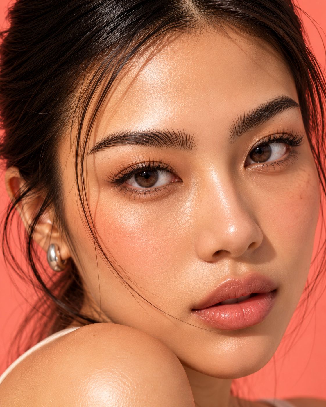 Close portrait with full, defined brows and a dewy glow against coral.