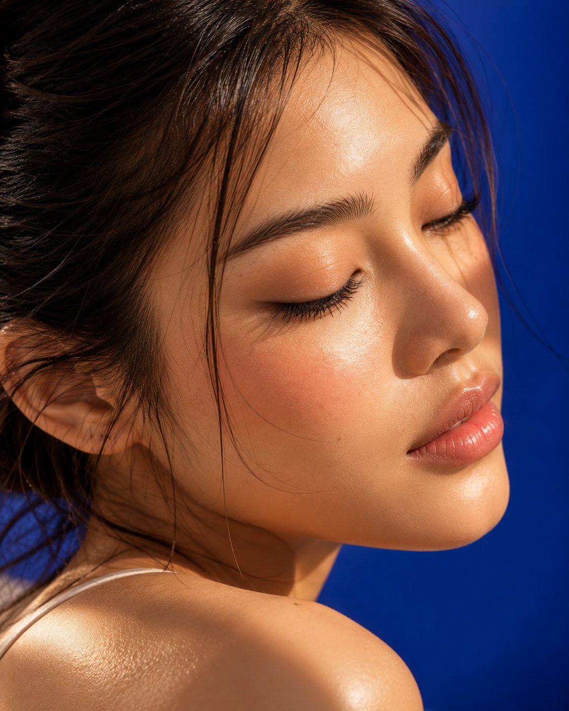 A woman with eyes closed, showing long lifted lashes against a cobalt background.
